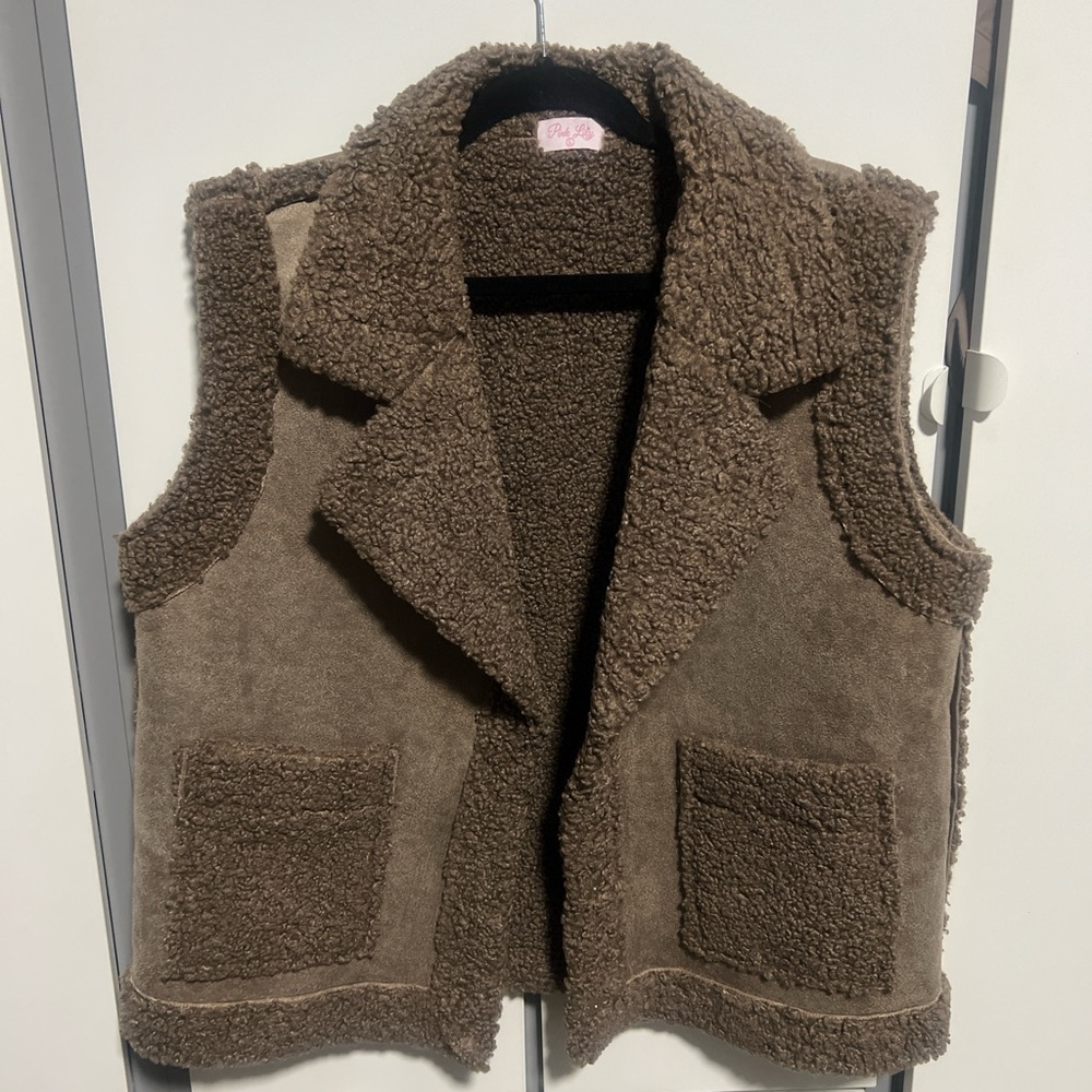 Pink Lily Tan Sherpa Vest